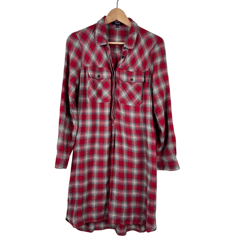 Madewell Red Plaid Flannel Shirt Dress‎ Buttons Pockets XS Holiday Made in India